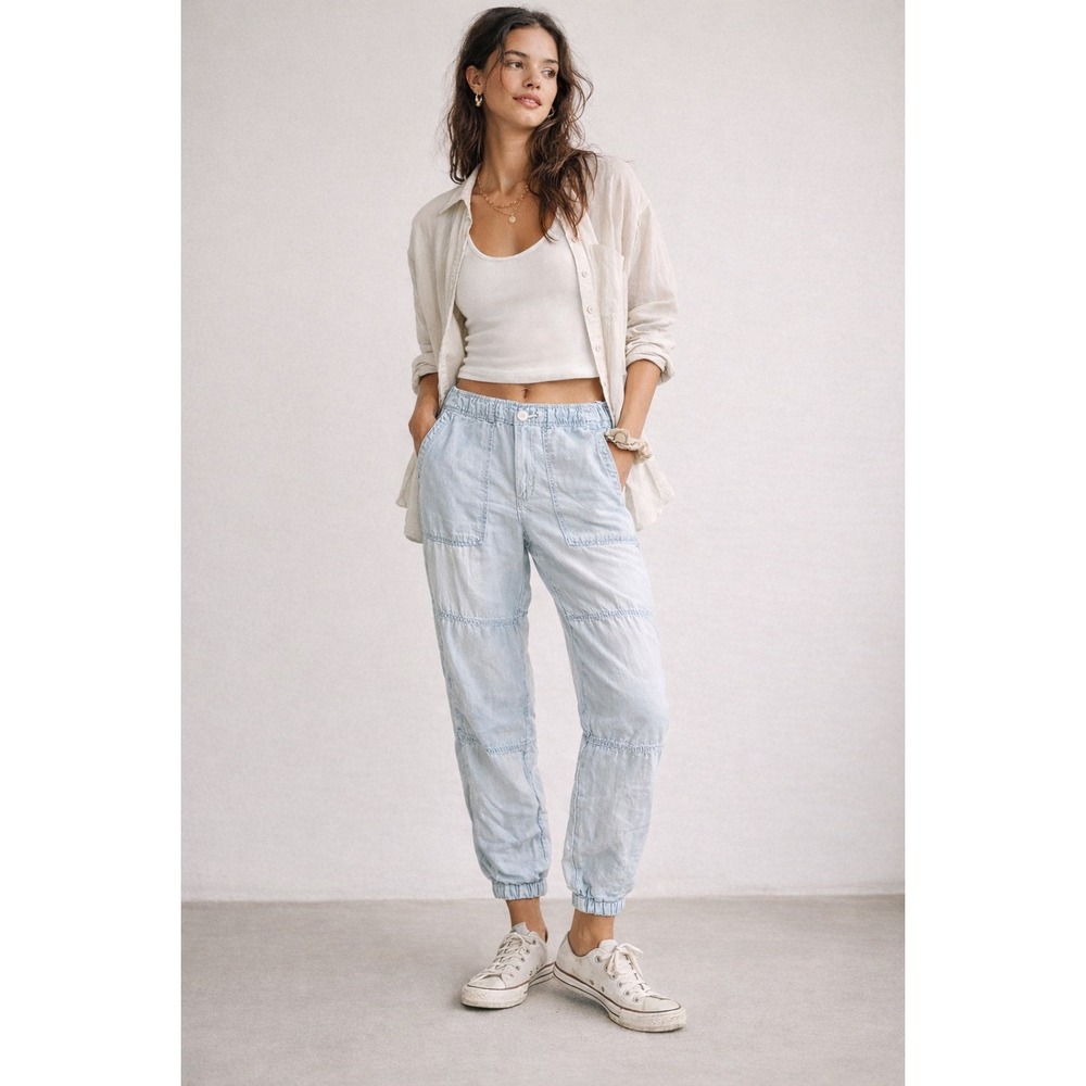 Cloth & Stone Anthropologie Linen Cargo Jogger Pants Women's 27‎ Light Wash Boho